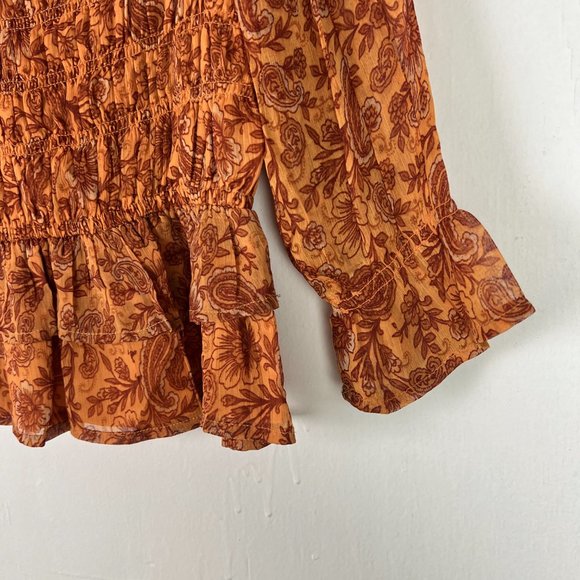 NWT Patrons of Peace Cropped Floral Smocked Ruffle Top Marigold Size Small S NEW - Picture 14 of 15